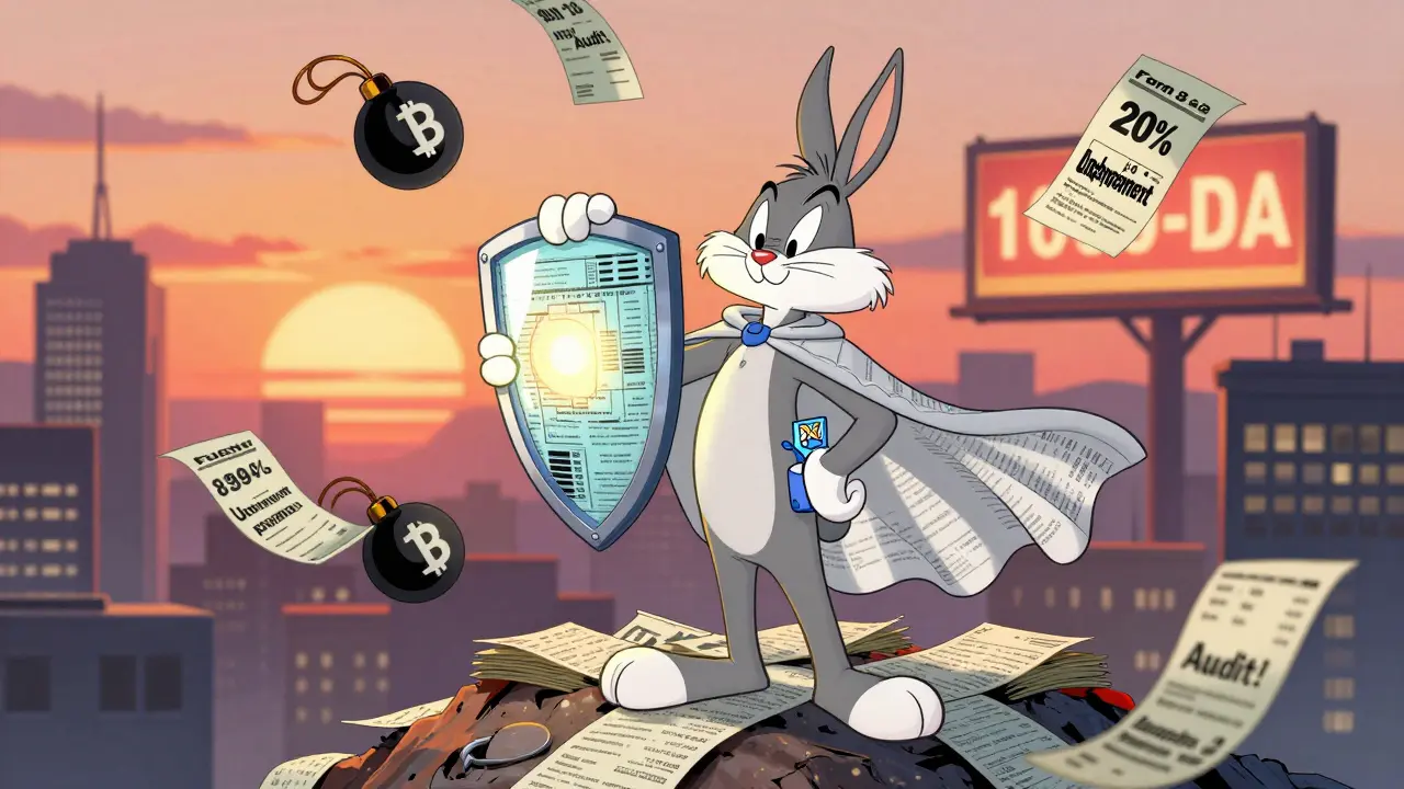 Trader holding Form 8949 as a shield against penalty bombs, with crypto skyline and new tax form in background.