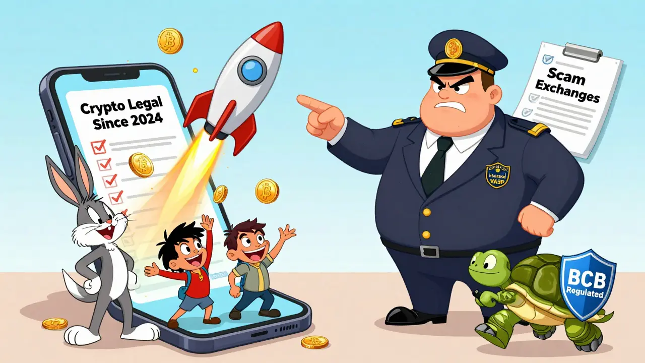 A Bolivian family celebrates as crypto coins rain down from their phone, with a regulatory official approving the scene.