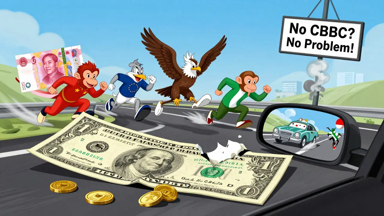 A broken digital dollar lies defeated as global rivals race ahead on a future finance highway, while a U.S. car sputters behind.