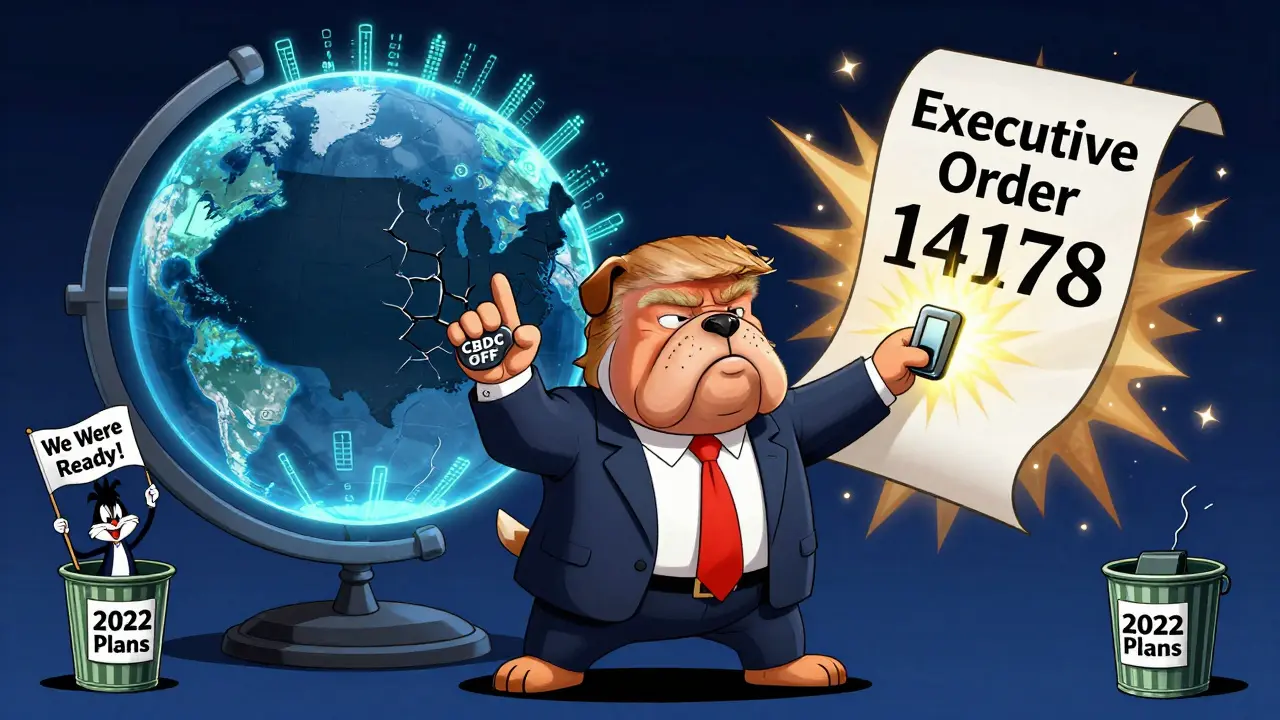 A bulldog president flips a CBDC off switch as global digital currencies glow brightly, while U.S. plans vanish into a trash can.