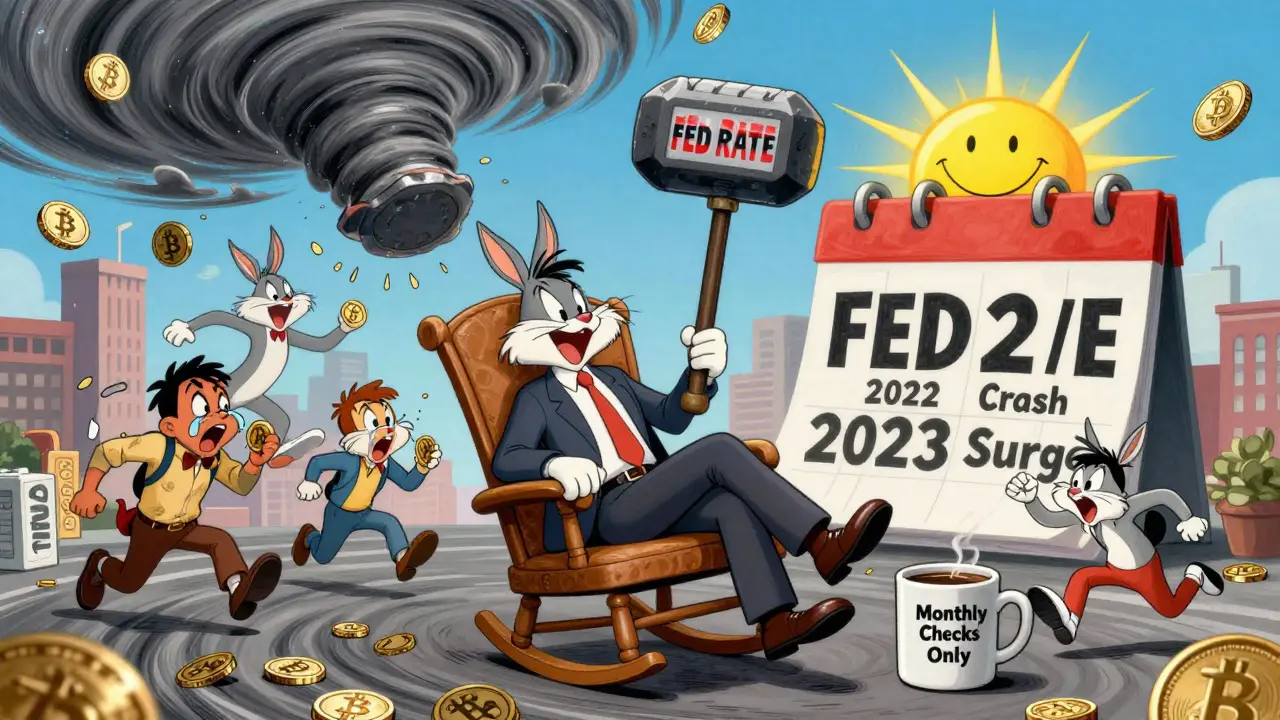 A calm investor sits in a storm of crashing stocks and crypto coins, while others panic around him, with a calendar showing crash-to-recovery dates.