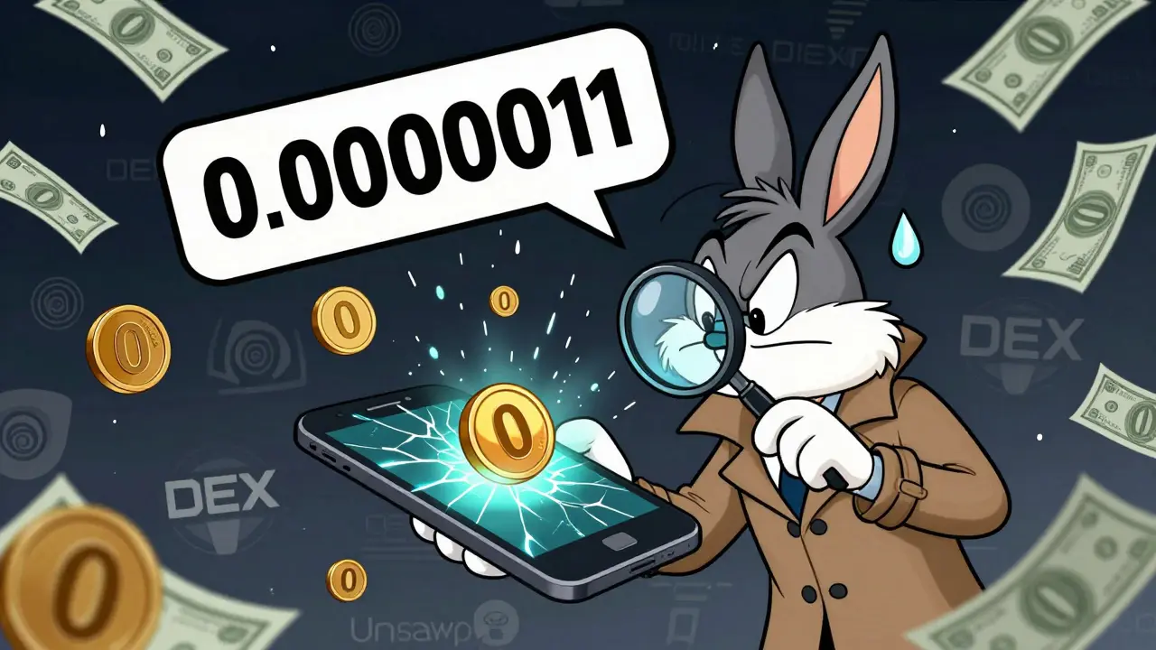 A confused investor stares at a tiny crypto price on a broken phone amid falling gas fees.