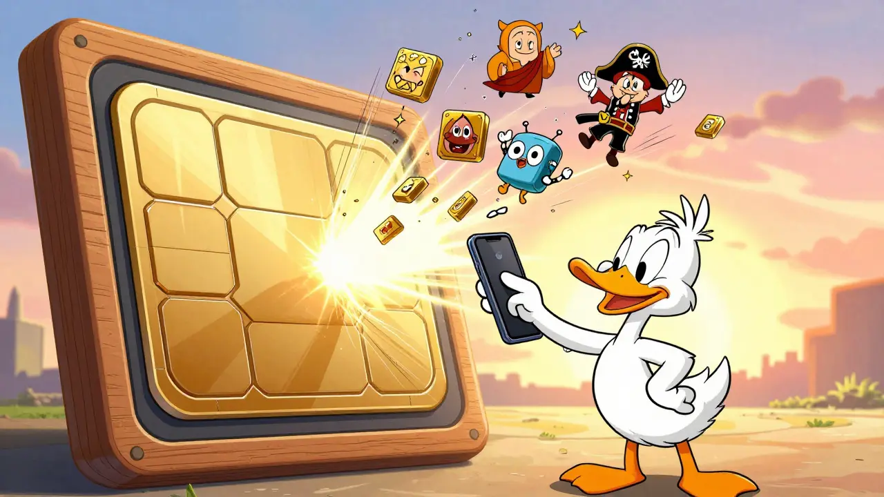 A duck taps an NFC chip, causing animated blockchain tokens to burst out with past owners waving.