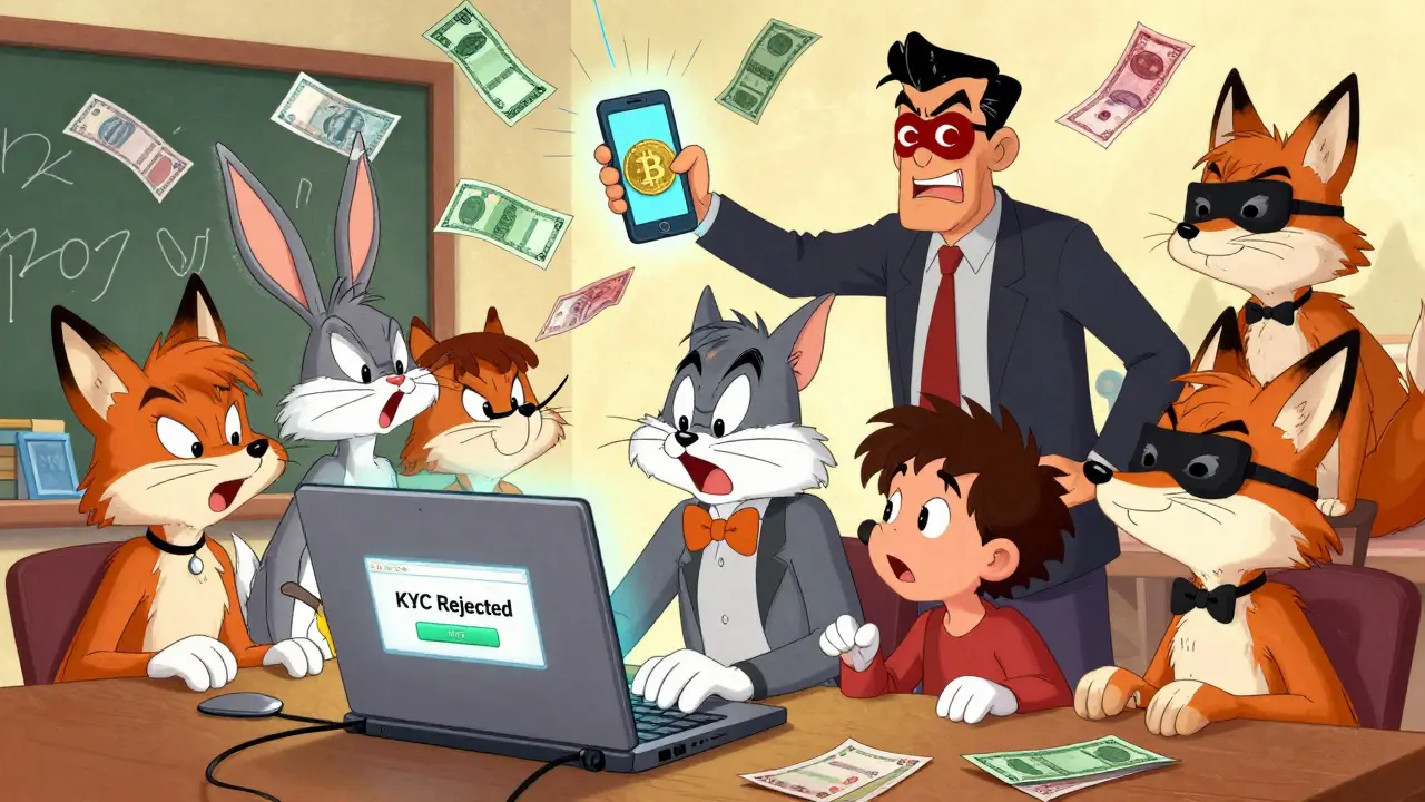 A family tries to trade crypto via P2P while scammy foxes offer fake documents and a laptop shows rejection.