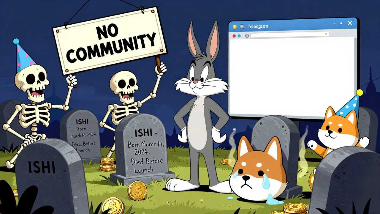 A graveyard of meme coins with 'ISHI' on a tombstone, others laughing nearby.