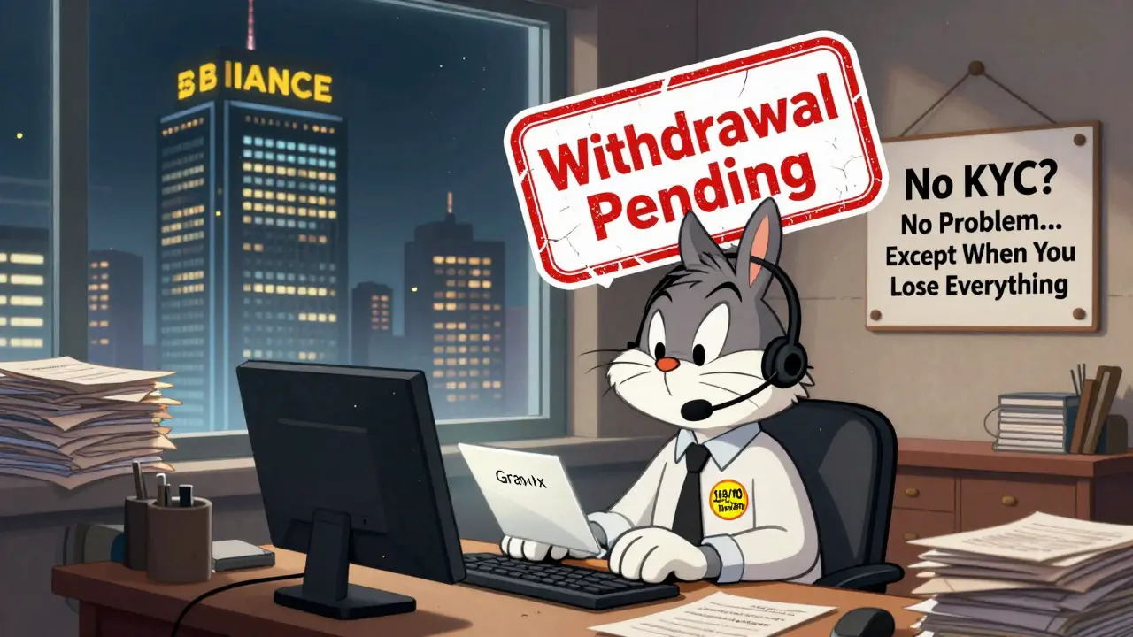 A lone Graviex support worker overwhelmed by withdrawal requests while a giant 'Pending' stamp looms.