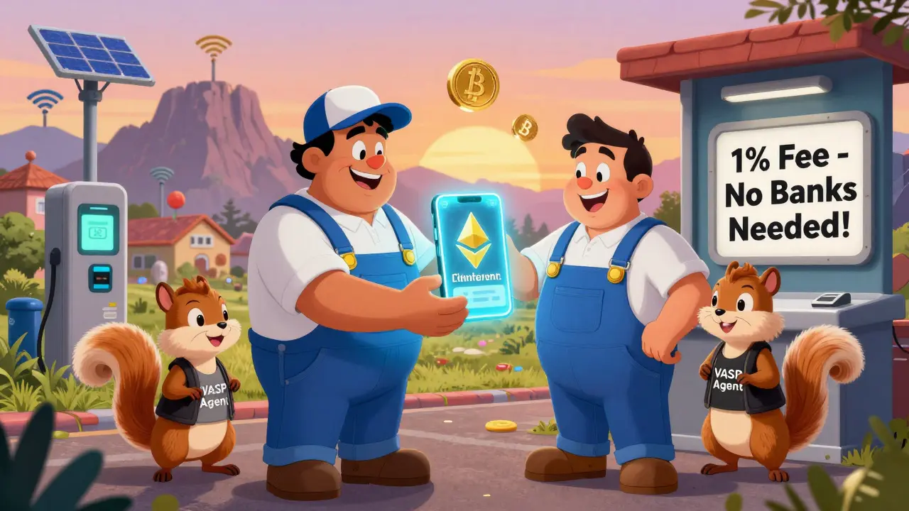 A mechanic in Bolivia receives crypto payment and converts it to local currency at a roadside kiosk run by a cartoon squirrel.