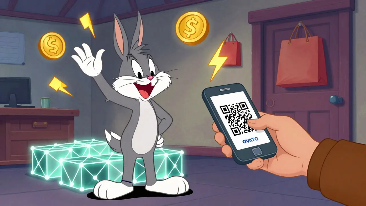 A merchant accepts OVATO payment using a QR scanner with Polygon blockchain blocks below.