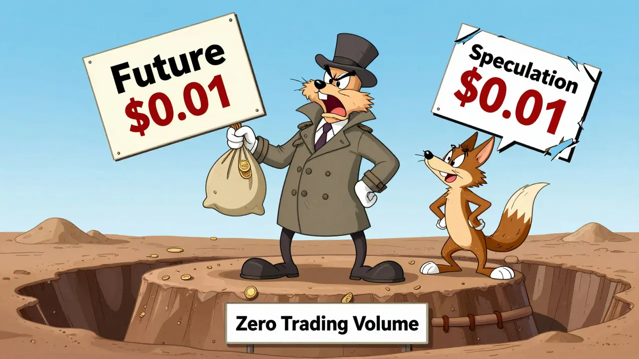 A nervous trader holds trillions of CHILL tokens over a pit labeled 'Zero Trading Volume'.
