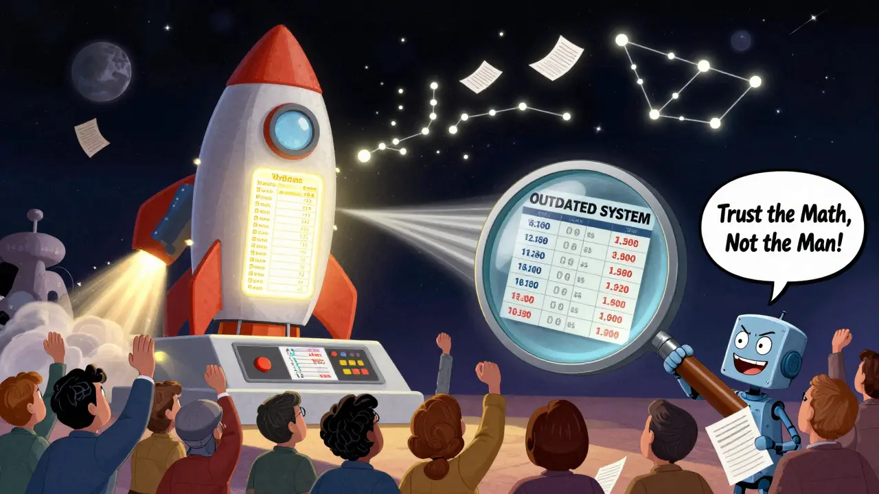 A rocket-shaped voting machine launches ballots into a constellation, while a bureaucrat struggles with paper ballots being sucked away.