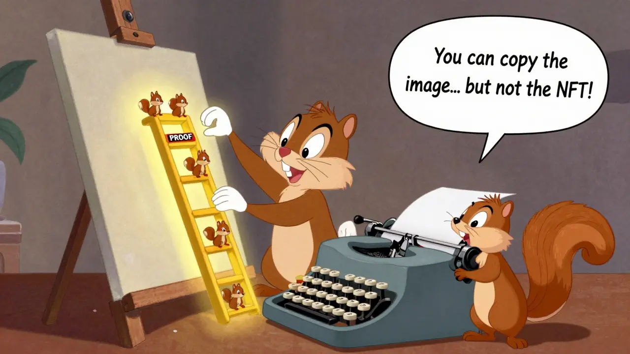 A squirrel mounts an NFT while a weasel copies the artwork—each copy becomes a useless duplicate squirrel.