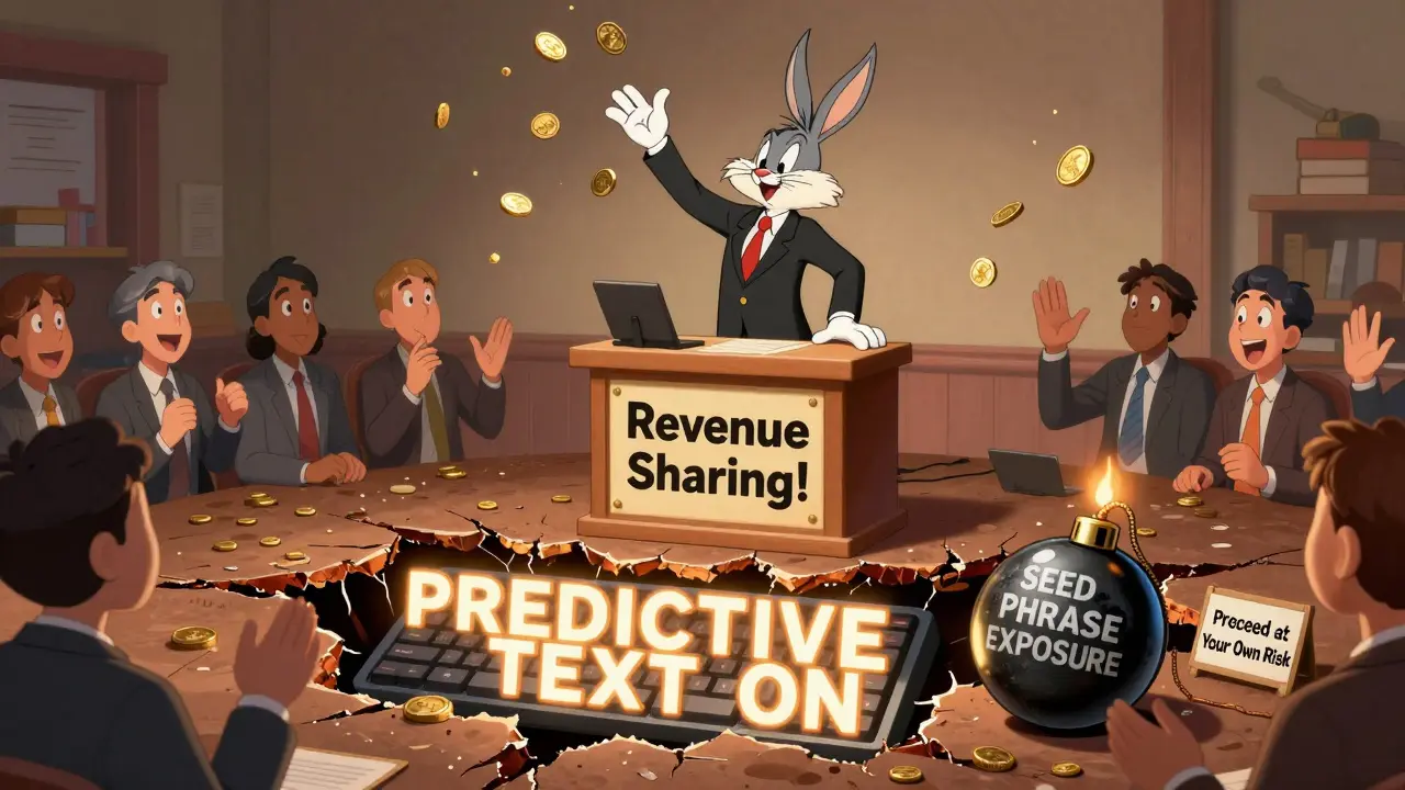 A trader celebrates revenue sharing while a hidden keyboard bomb threatens seed phrase exposure.