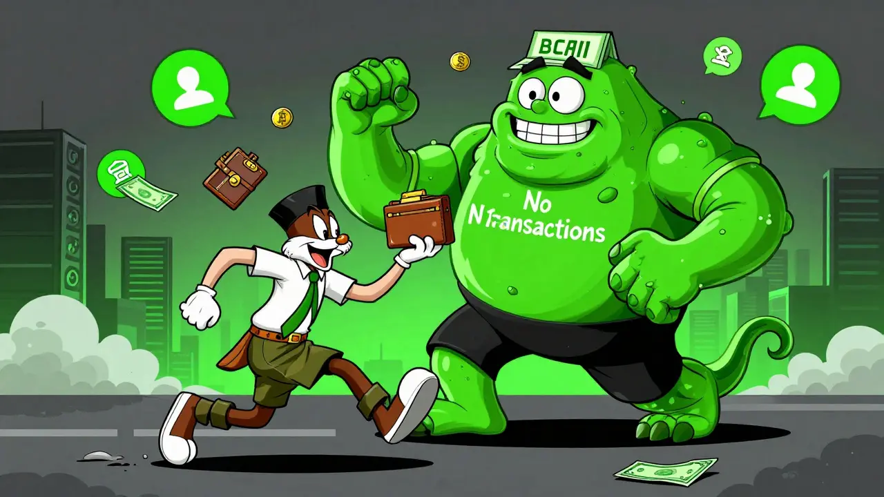 A trader dodging bank tentacles while juggling crypto wallets in a bustling Nigerian street scene.