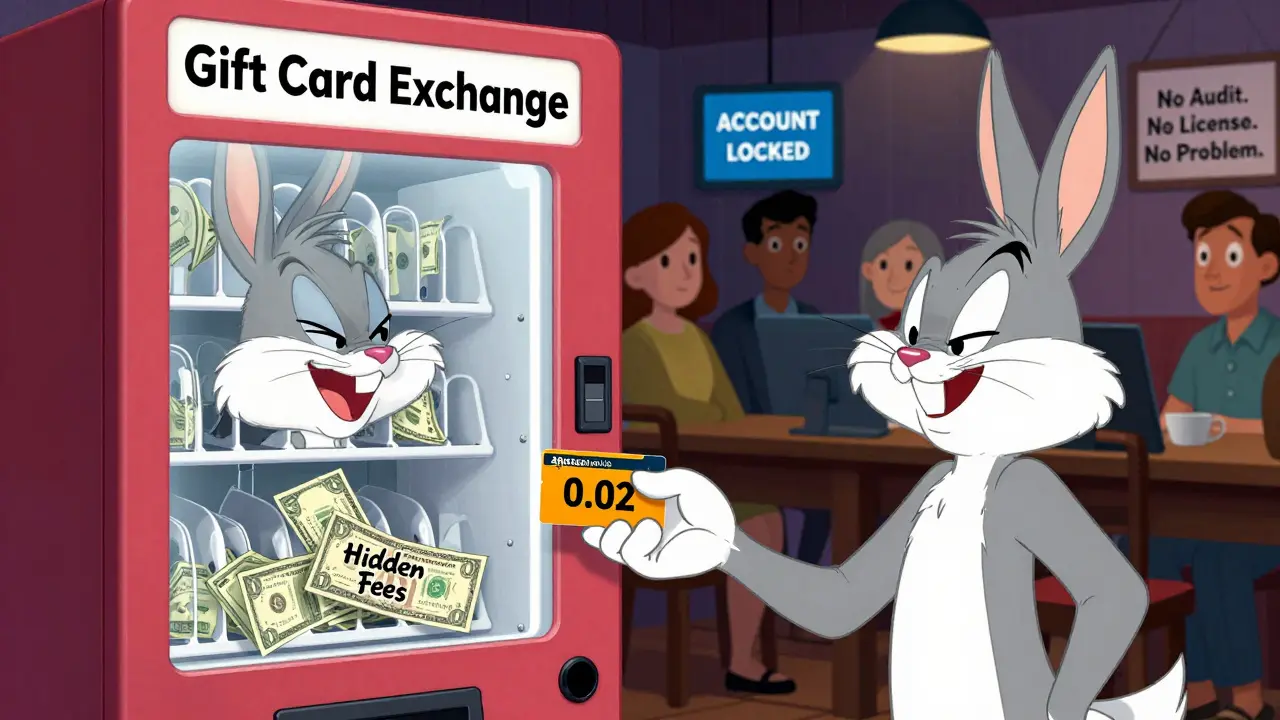 A user receives a broken gift card after trading Bitcoin, while hidden fees drain from the vending machine.