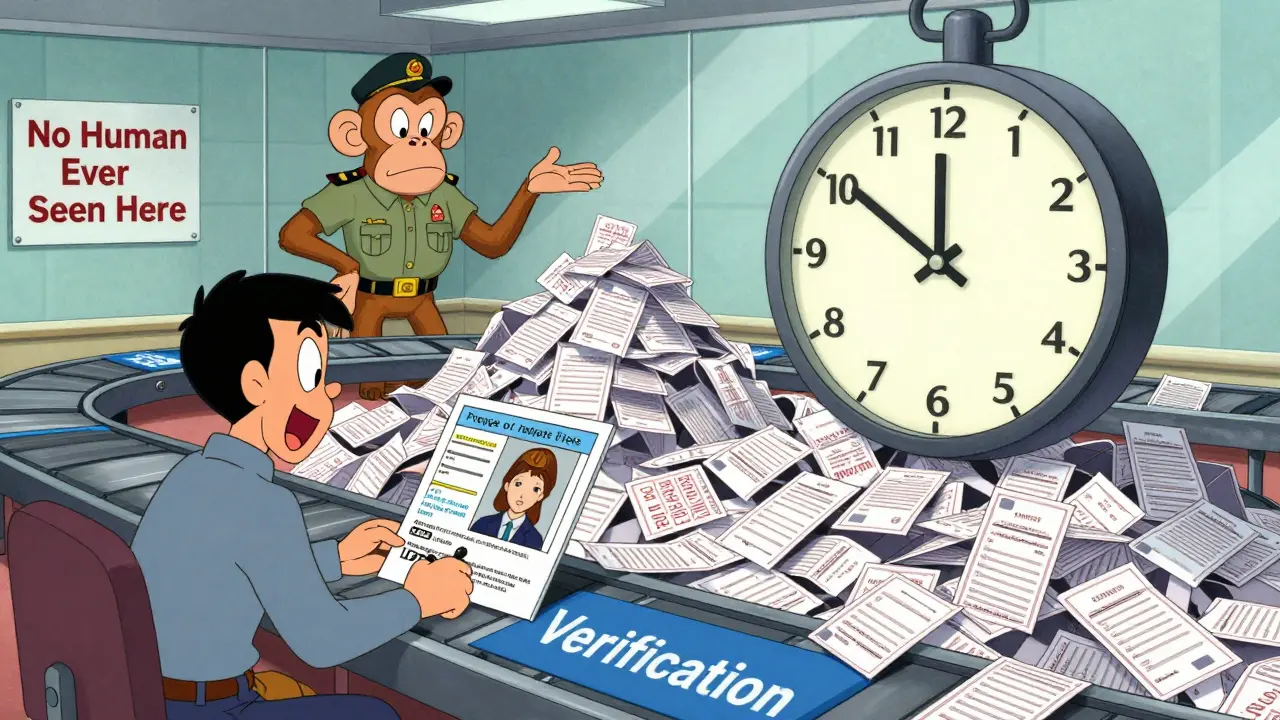 A user submits documents through a chaotic verification system that takes over 48 hours with no human help in sight.