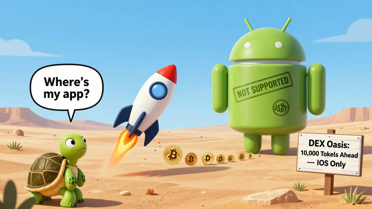 An iOS rocket flies past a slow Android turtle with 'NOT SUPPORTED' stamps.