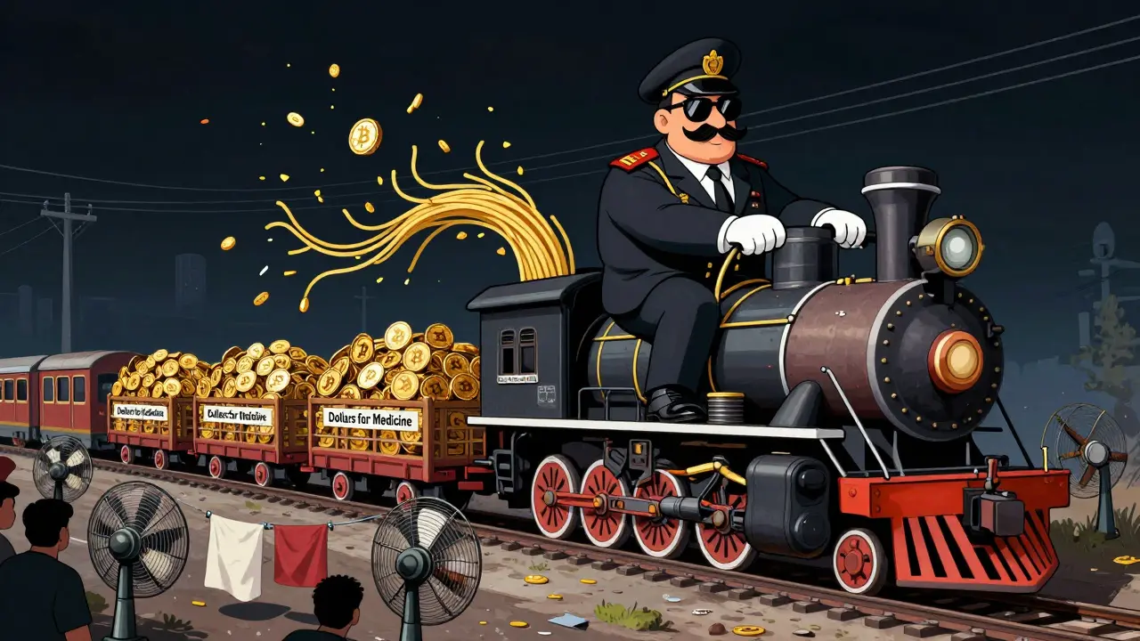 An IRGC officer riding a Bitcoin mining train that snaps power lines, leaving citizens in darkness.