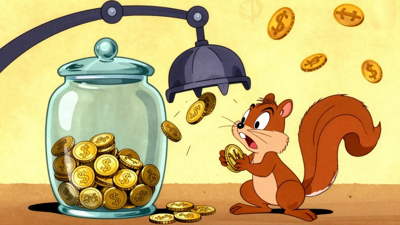 Animated squirrel losing coins to tax deduction claw mechanism