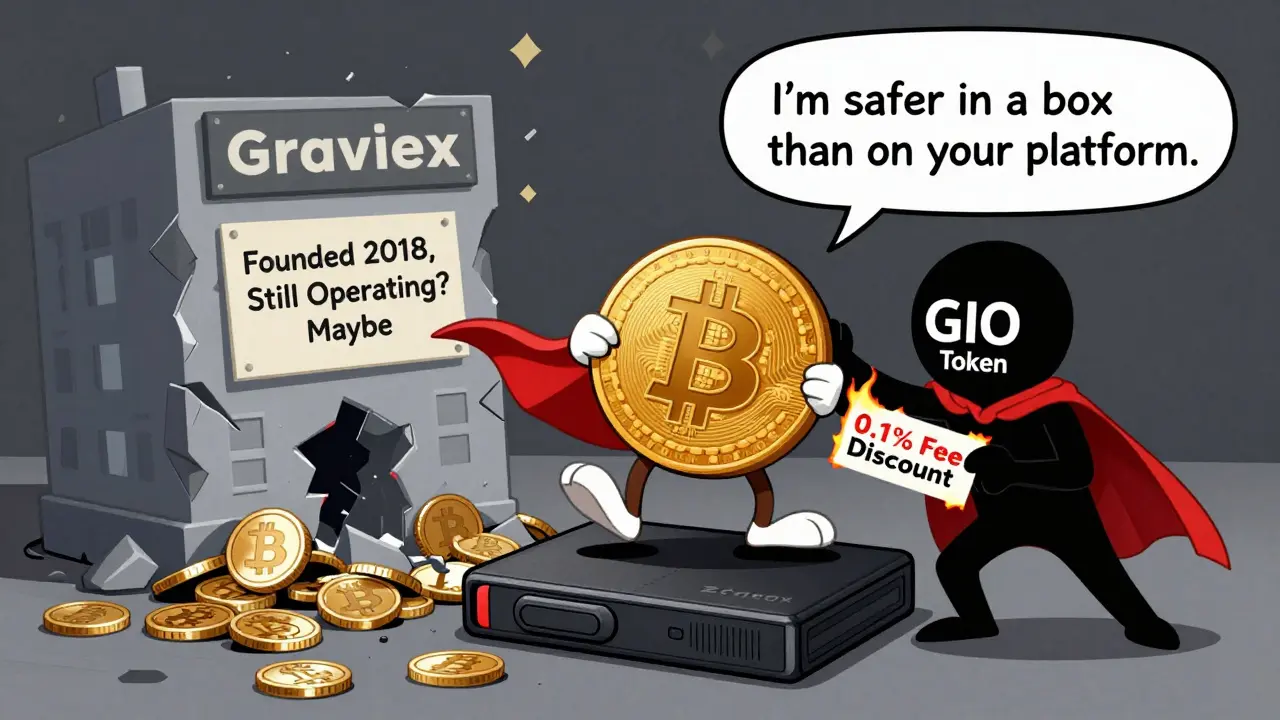 Bitcoin lands safely on a hardware wallet as the GIO token clings to it with a burning fee discount coupon.