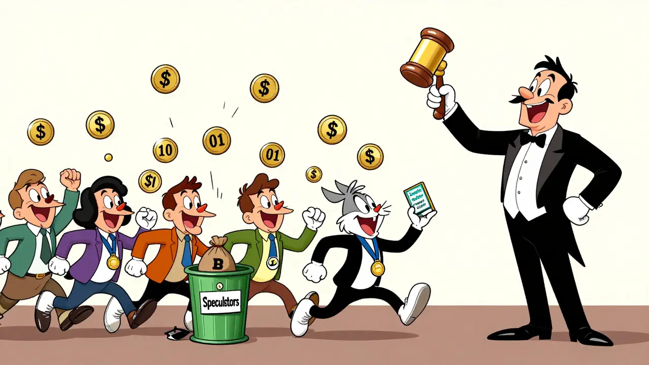 Cartoon investors racing in a Dutch auction as DIVER token prices crash from <h2>Where to Find DIVER Tokens Today</h2>.10 to <h2>Where to Find DIVER Tokens Today</h2>.01.