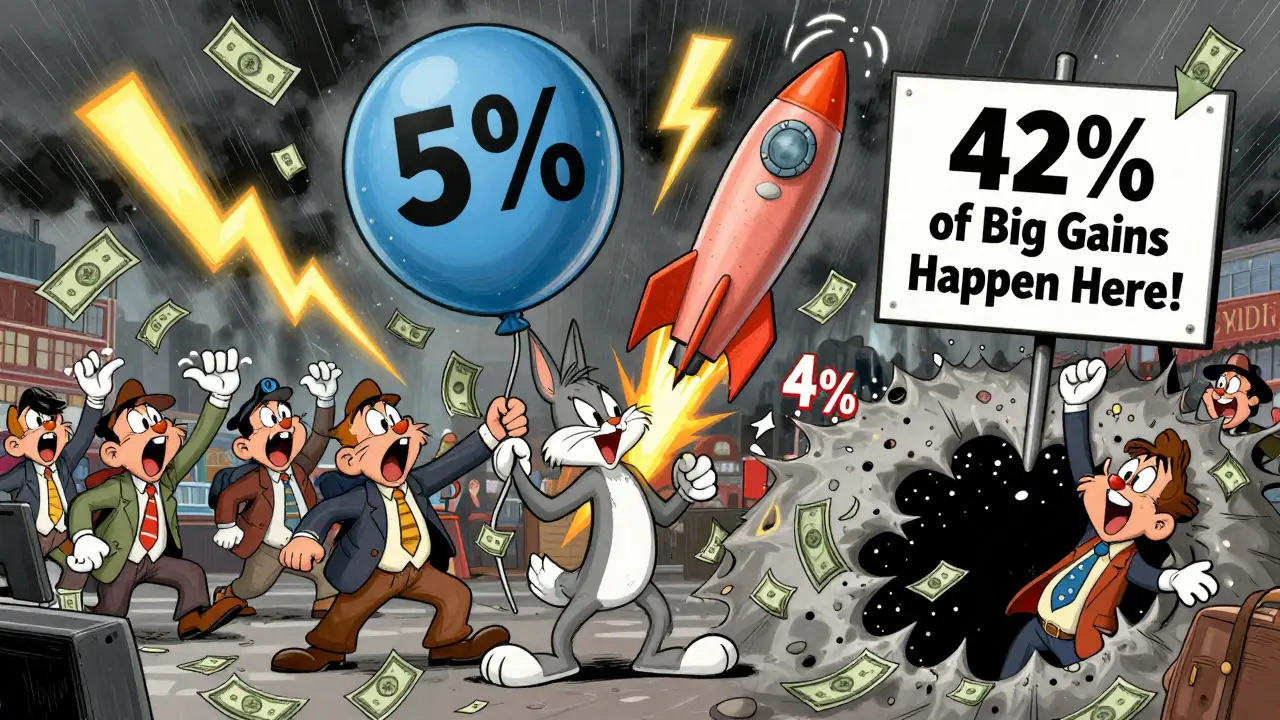 Cartoon traders scramble as an S&amp;P 500 balloon violently inflates and deflates, with rockets and sinkholes showing wild daily price swings.