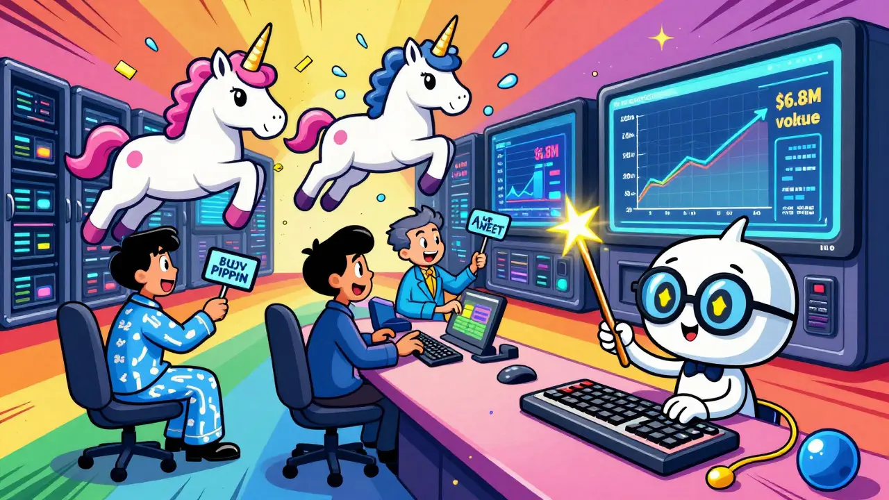 Cartoon traders scramble on a Solana server farm as a tiny AI chatbot types on a magic wand keyboard.