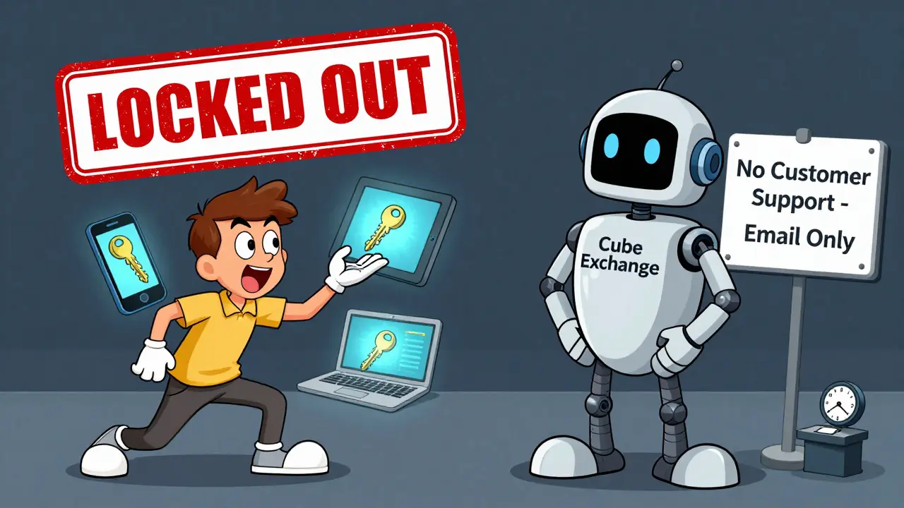 Cartoon user lost trying to connect three devices for MPC key fragments, while Cube Exchange robot shrugs with 'Email Only' sign.