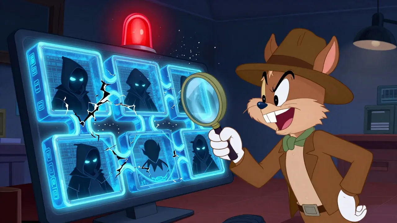 Detective examines glowing blockchain chain revealing hidden shadow villains inside.