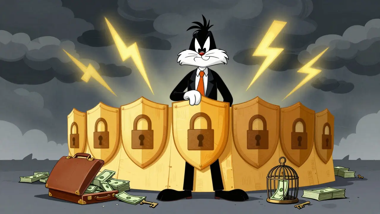 Executive stands behind document shield wall while storm clouds strike nearby.