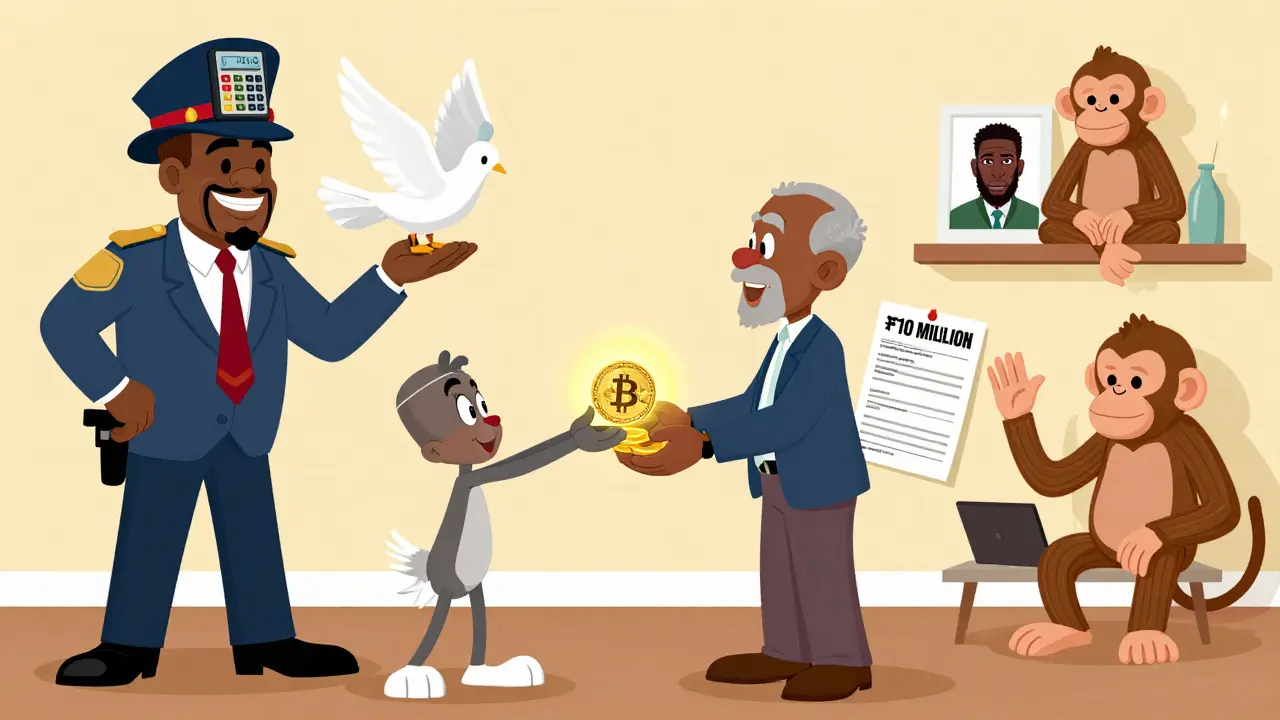 Family sending crypto via pigeon while taxman holds fine notice, NFT monkey nearby