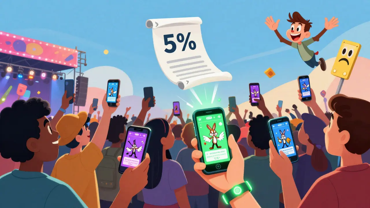 Fans tapping phones at a festival gate, NFT tickets glowing with animated musicians inside.