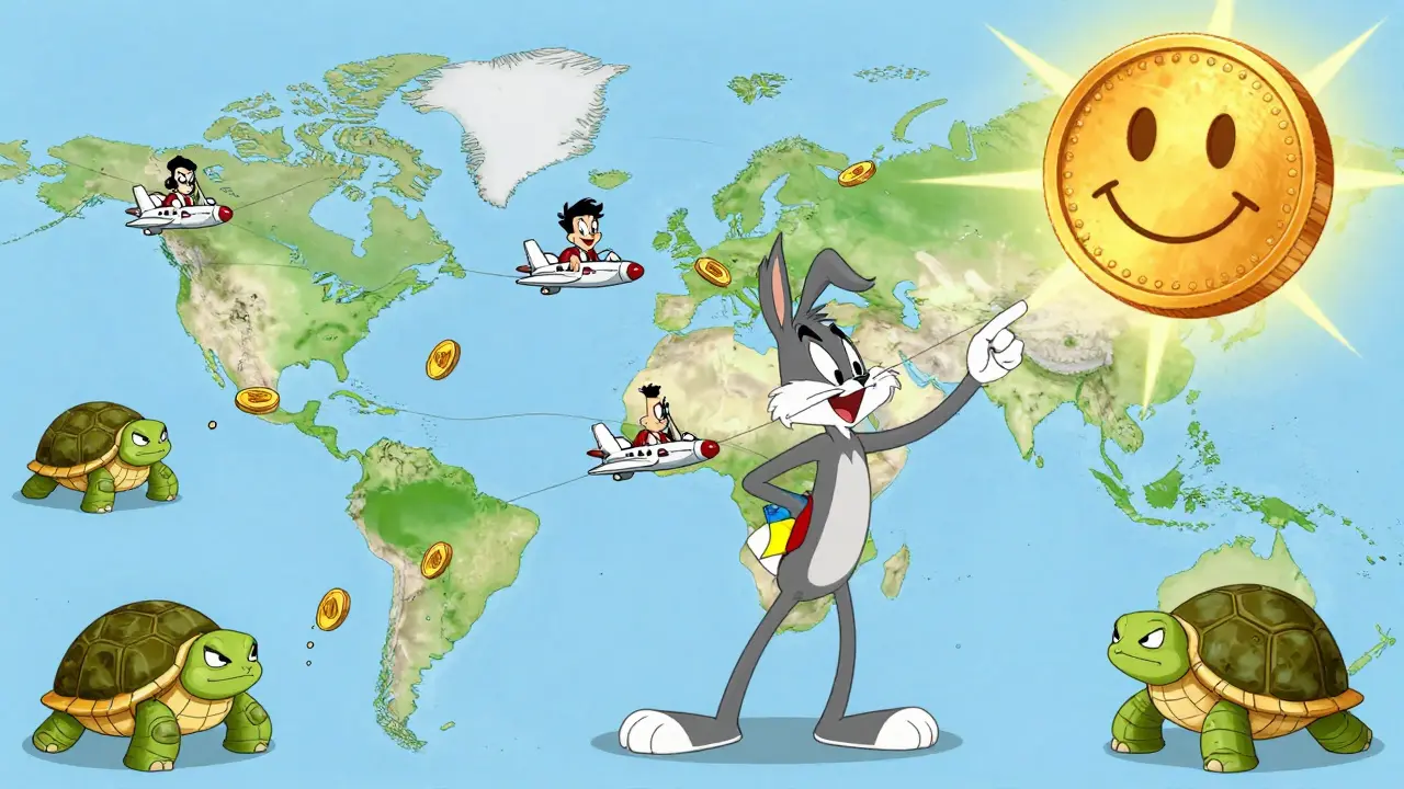 Global characters send OVATO coins via jetpacks, bypassing slow bank turtles on a map.