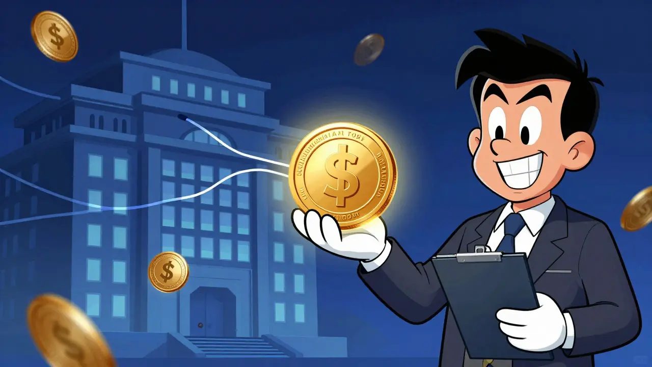 Government advisor holding a glowing state coin with wires connecting to a building.