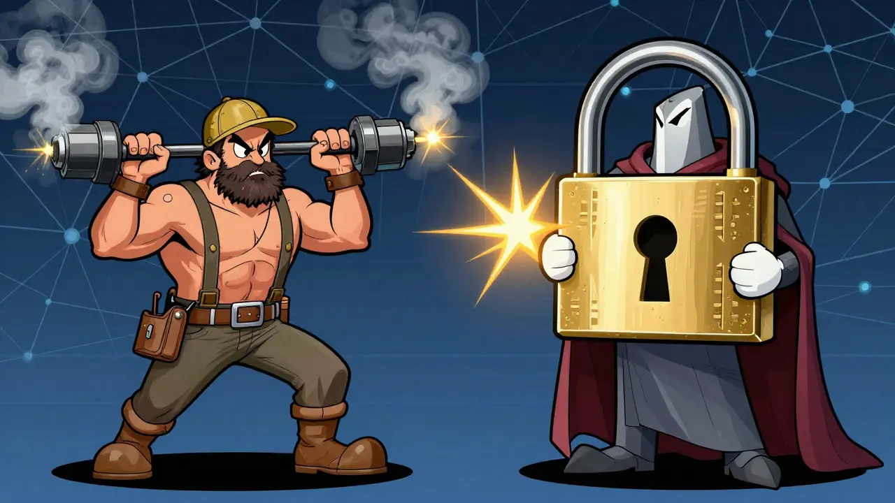 Miner struggling with tools while guardian holds a lock