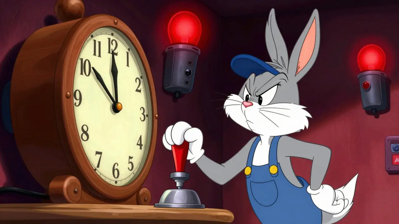 Nervous cartoon mechanic hesitating near a giant clock and control lever.