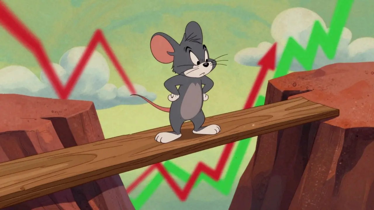Nervous mouse balancing on plank over market volatility graph