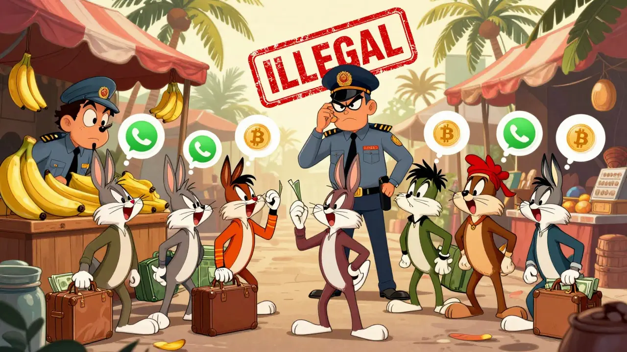 People secretly trading Bitcoin with cash and WhatsApp bubbles in a vibrant market while a stern official watches.