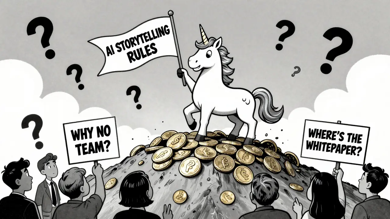 Pippin the unicorn stands on a pile of rival meme coins, waving a flag while confused investors look on.