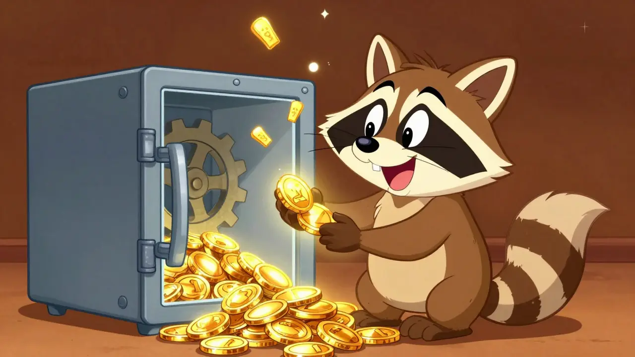 Raccoon staking gold coins in a mechanical safe box