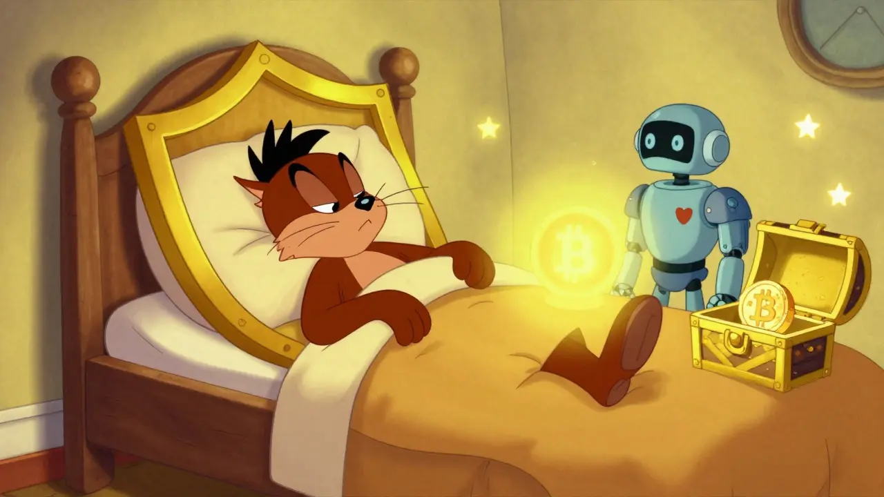 Sleeping character guarded by a robot near a glowing treasure chest.