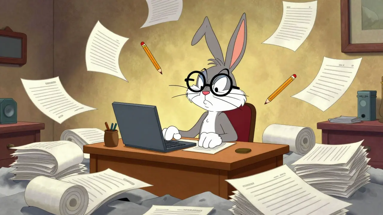Stressed cartoon rabbit drowning in tax return paperwork forms