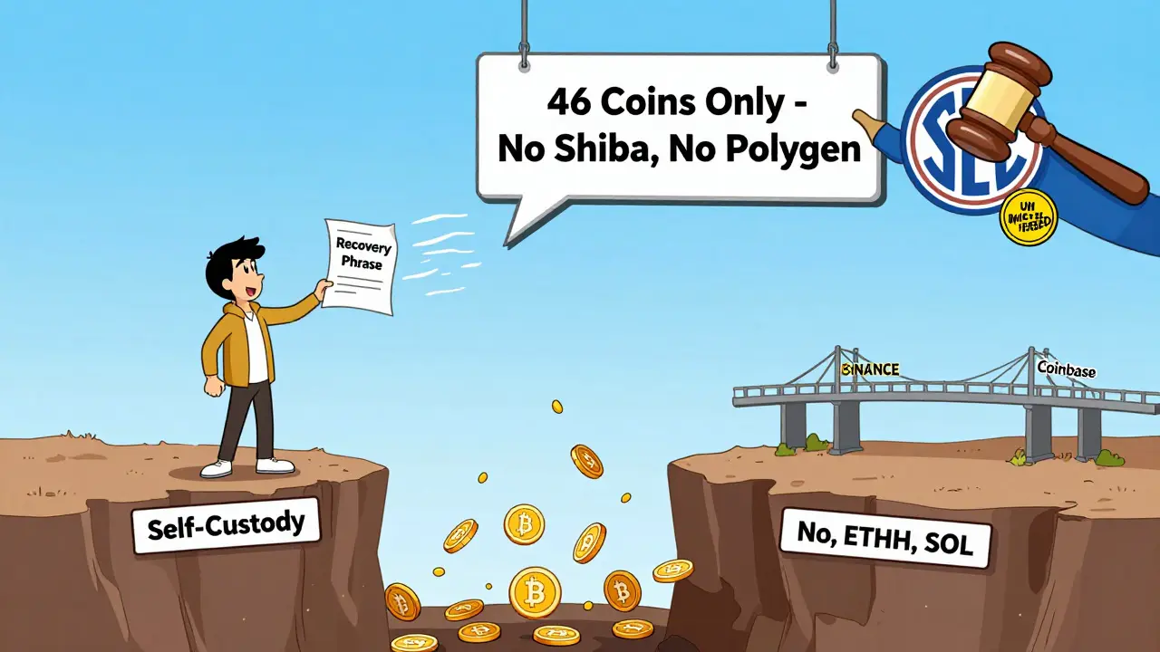 User losing recovery phrase to wind over a cliff labeled 'No Regulation', coins falling into abyss while other exchanges offer safe bridge.