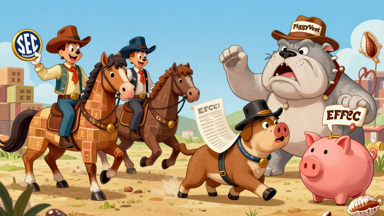 Wild west crypto exchange scene with SEC badge holder chased by EFCC bulldog