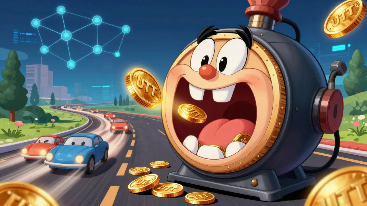 A cartoon coin-eating furnace consuming golden UTT tokens on a digital highway.
