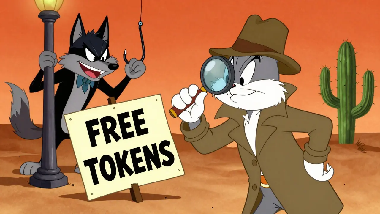 A cartoon detective inspecting a suspicious free token sign while a scammer hides.