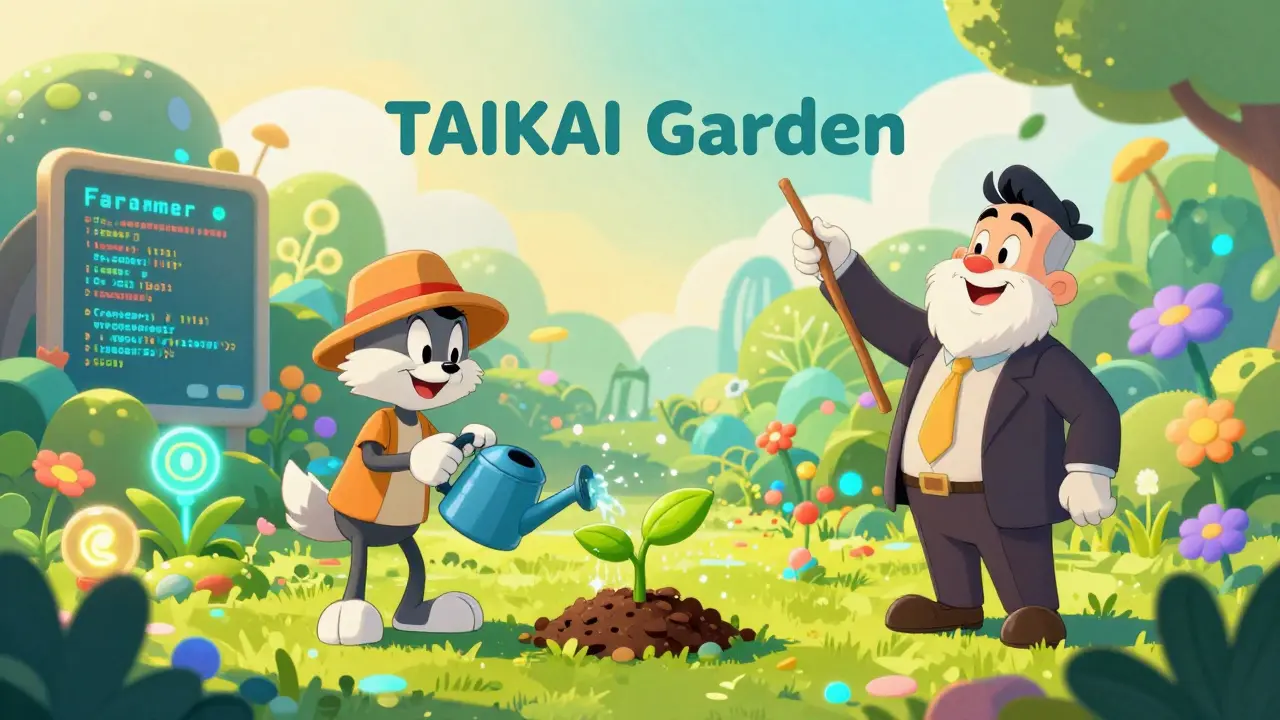 A cartoon farmer watering digital plants in a surreal, neon-colored innovation garden.