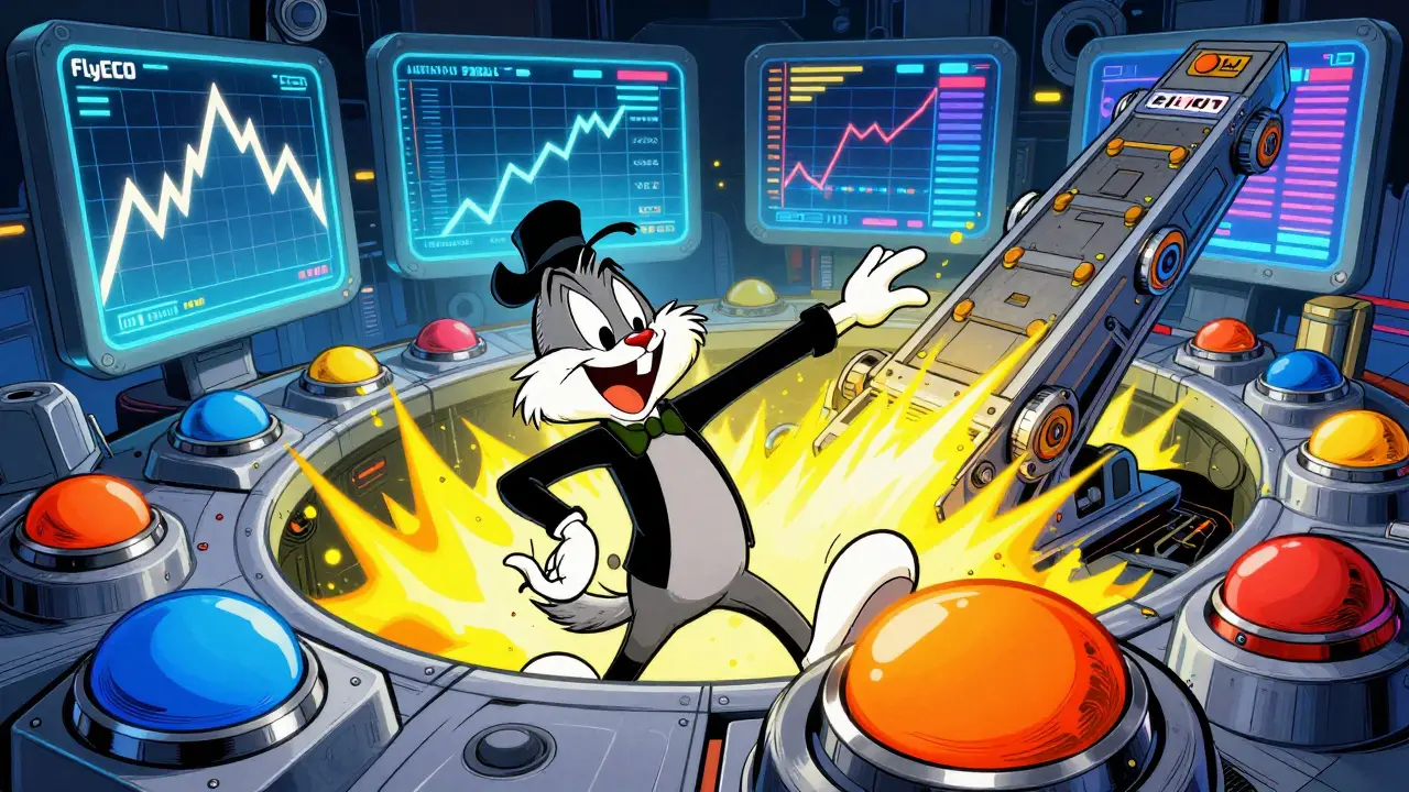 A chaotic DeFi command center with a manic character and colorful trading screens.