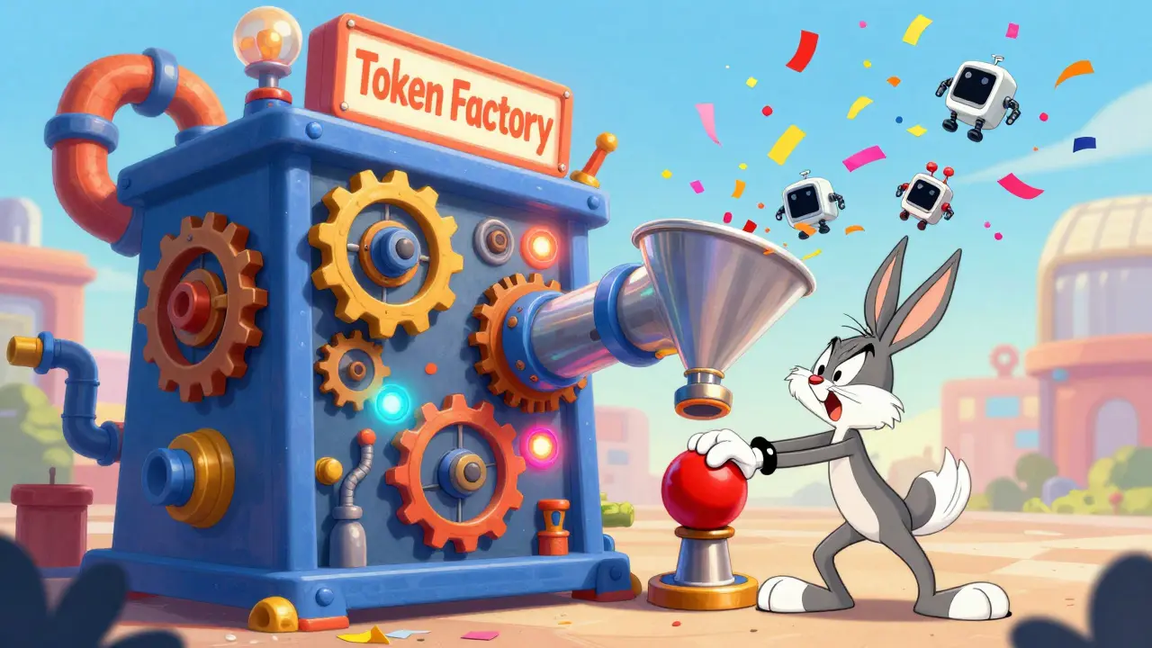 A colorful, chaotic no-code token factory machine with cartoon robots and gears.