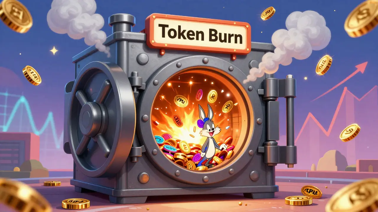 A comical digital furnace burning tokens to create scarcity.