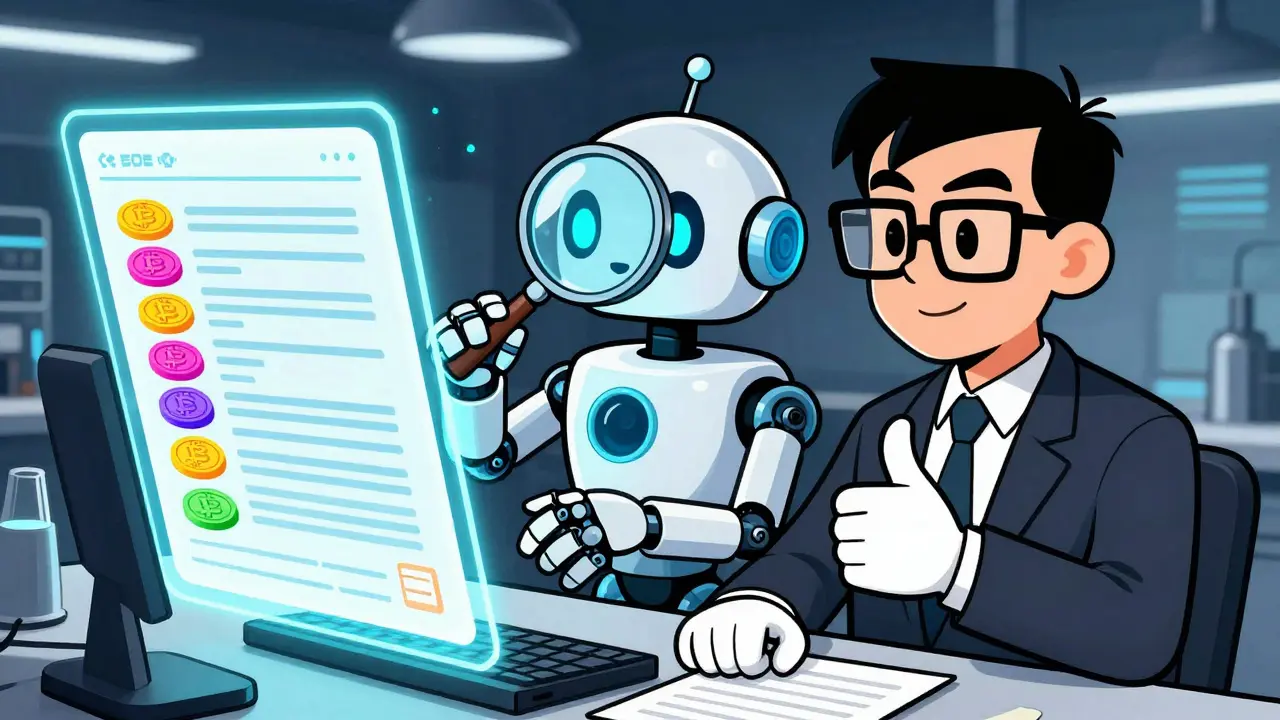 A friendly AI robot and a human accountant organizing crypto data together.